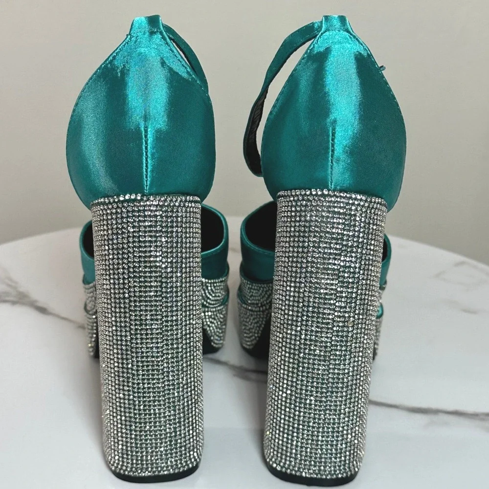 Cape Robbin Teal Satin Rhinestone Double Platform Heels Size 7 New‎